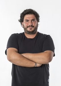 adult fat man arms crossed on white background